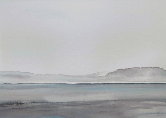 Image of a calm lake with simple foreground detail and distant fell, in a palette of greys with a soft blue