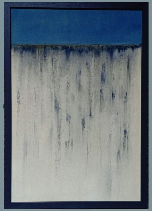 Abstract art depicting a cliff edge with blue sky and cream cliff face with a textured surface