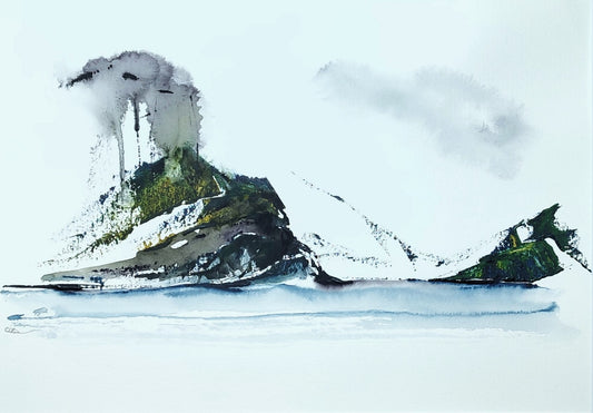 An image of a fjord landscape in a palette of blues, greens and neutral greys.