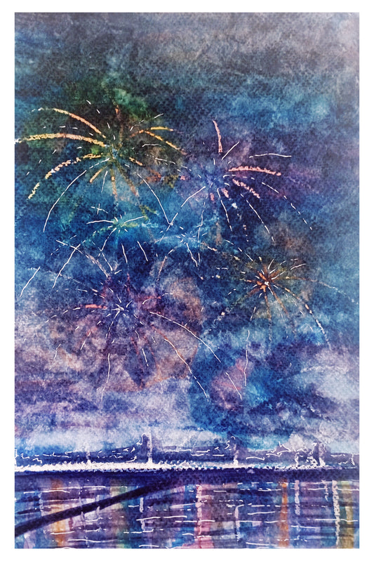 This image shows an explosion of fireworks and associated smoke in a multitude of colours with reflections in the water.