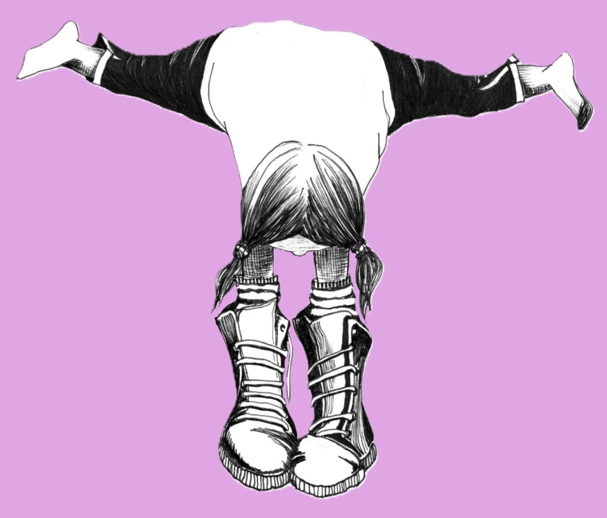 Black and white illustration of a girl doing handstand splits upside down with hands in boots on a pink background