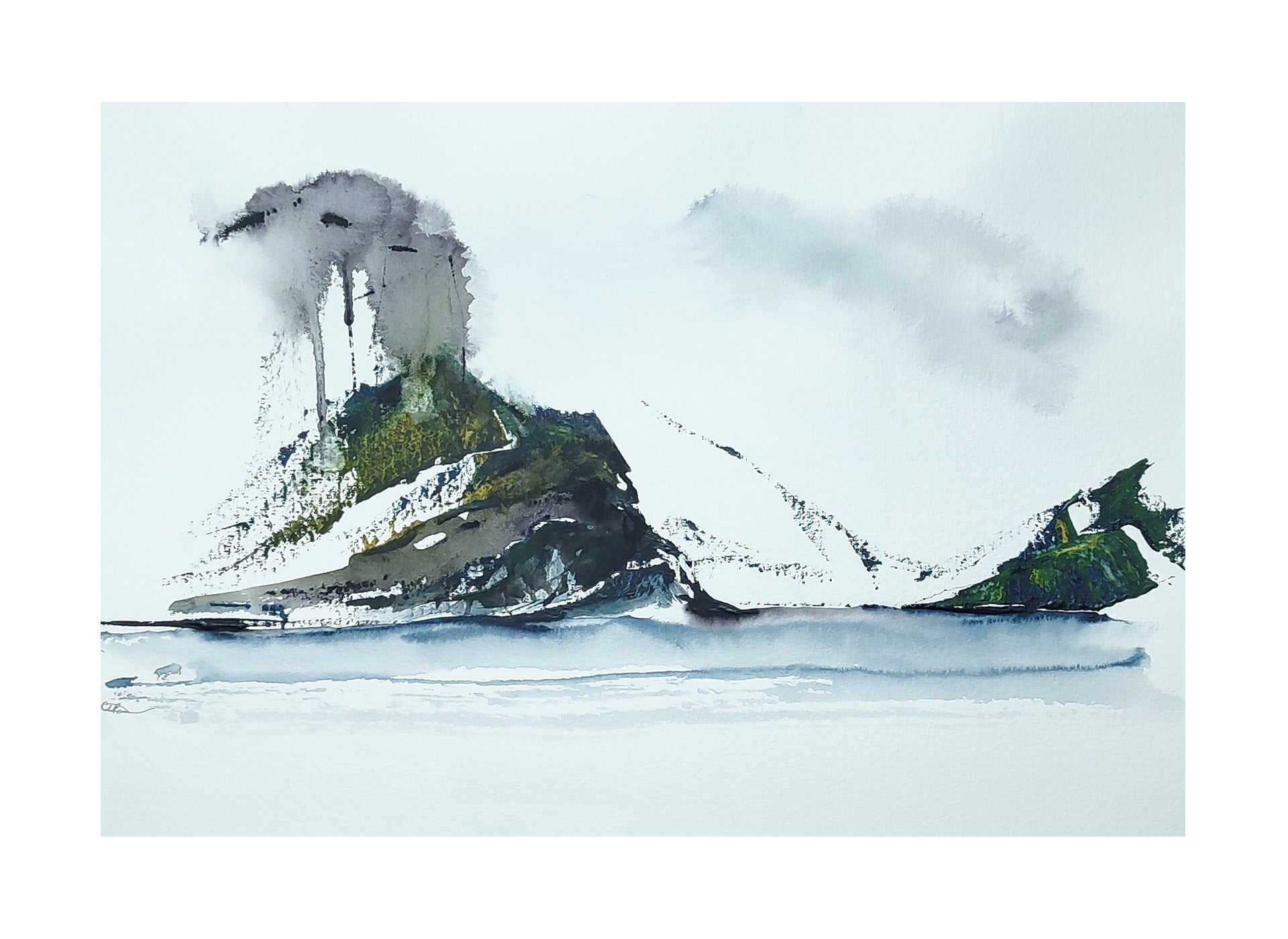 An image of a fjord landscape in a palette of blues, greens and neutral greys.