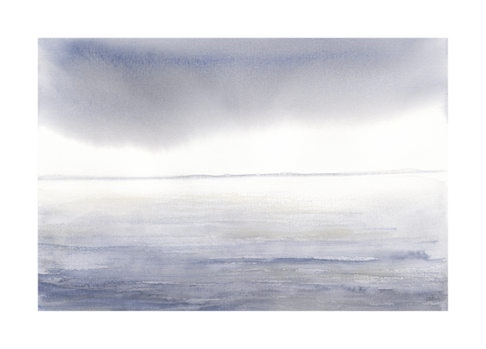 Image of a moody seascape depicting the constantly changing weather and the brilliance of the distant light. Featuring a palette of blue, grey and neutral tones.