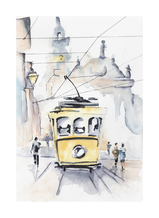 A Lisbon street scene with a distant skyline in a palette of subtle pastels with a vibrant yellow tram in the centre and a few people on the street.