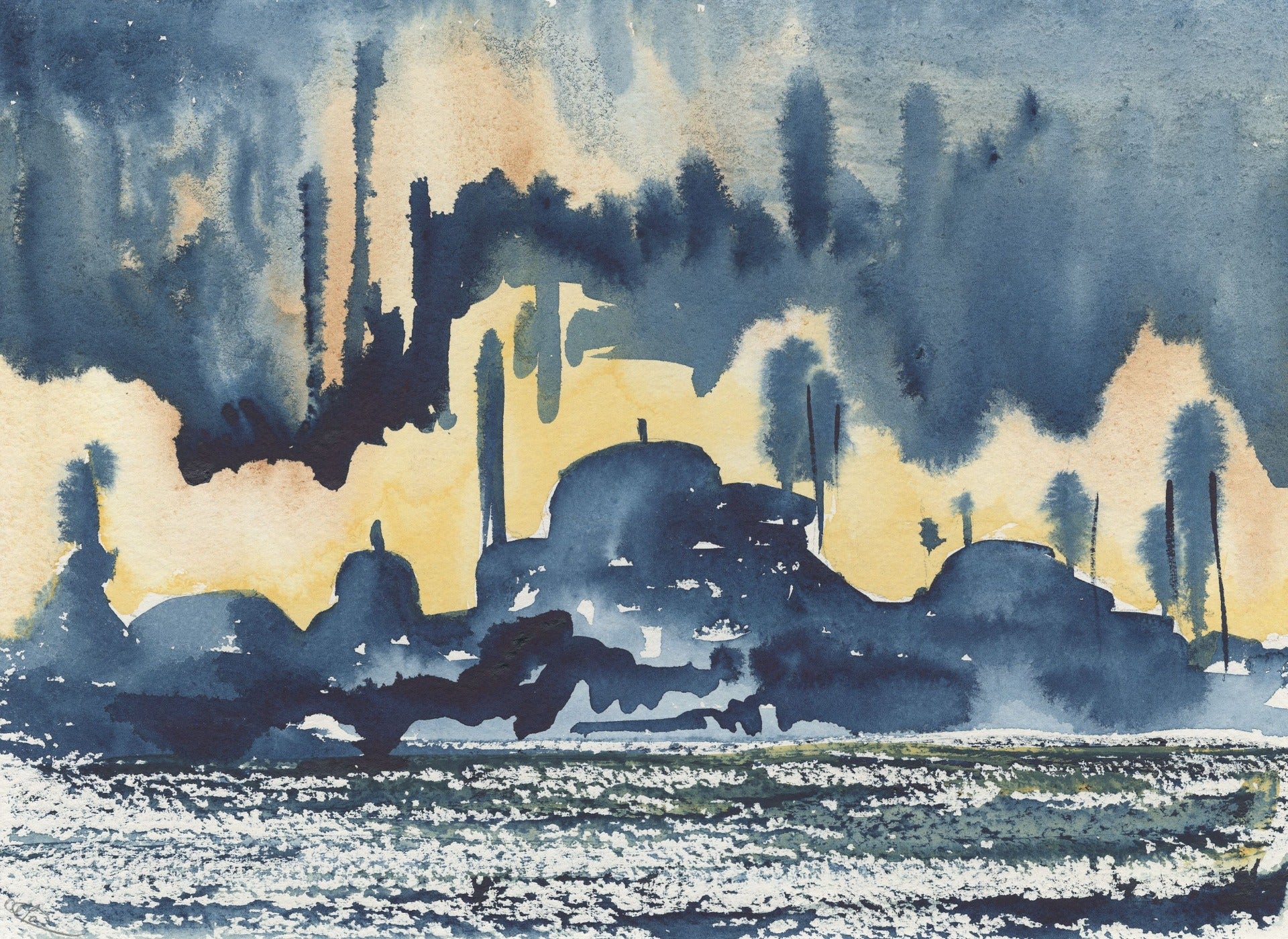 Image of Istanbul evening skyline during month of Ramadan celebrations featuring blue mosque floating above the water, in a palette of blue, yellow and orange