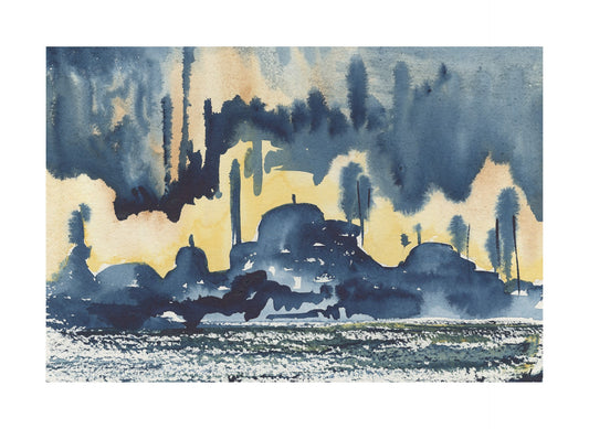 Image of Istanbul evening skyline during month of Ramadan celebrations featuring blue mosque floating above the water, in a palette of blue, yellow and orange