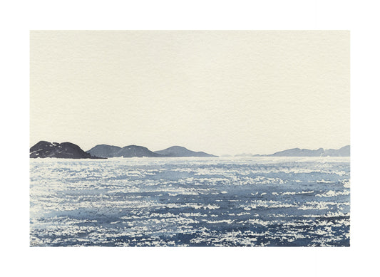 Image of a Croatian seascape depicting the sparkling of the sun on the water with islands in the distance. Featuring a palette of blue, grey and neutral tones.