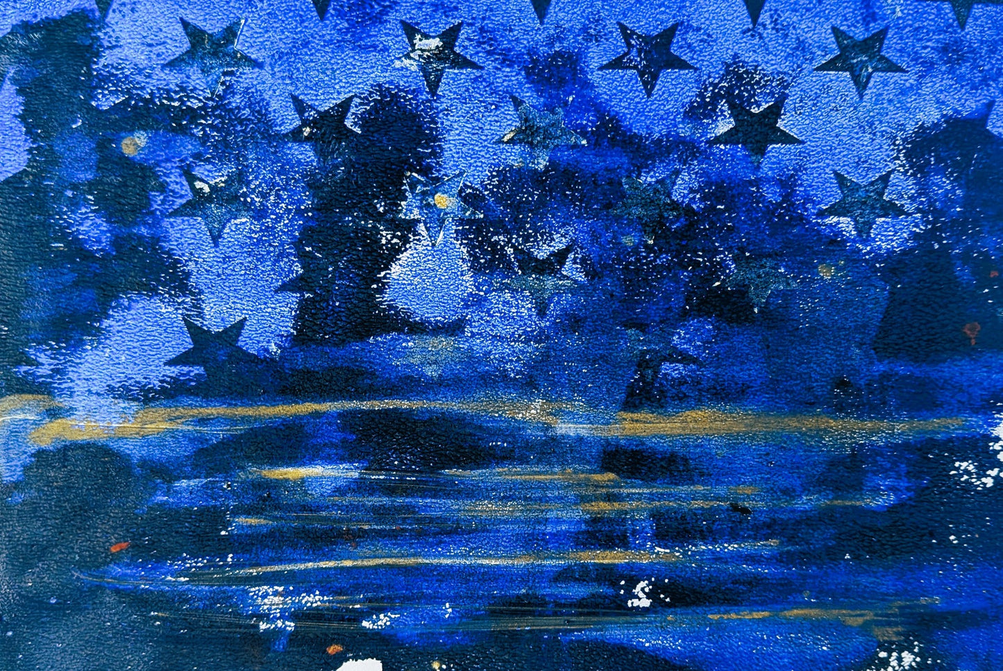 Abstract blue monotype painting with star shapes over a seascape in blue and gold