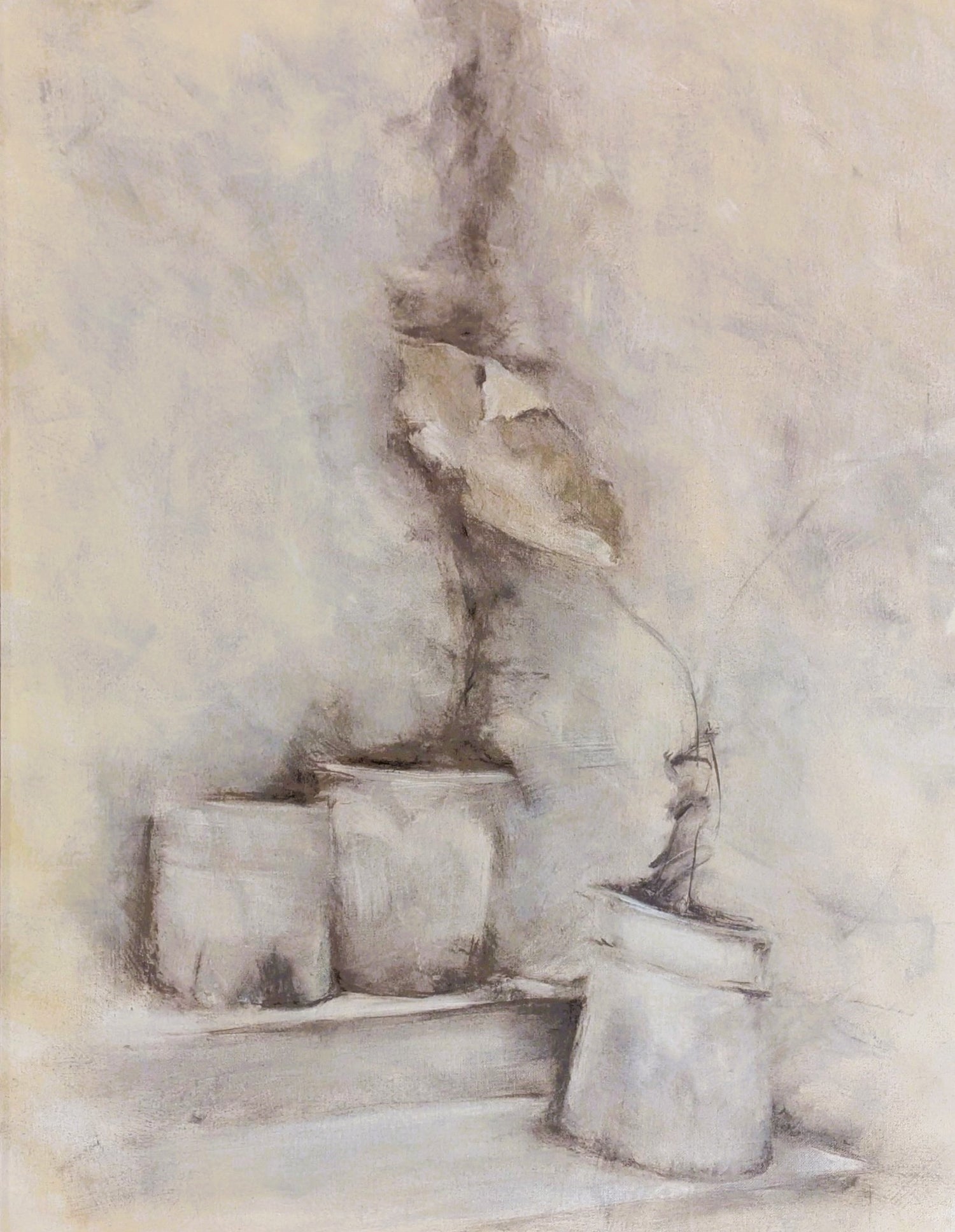 Oil painting of plant pots on a step in a corner, with one leaf rising from the plant pot in the foreground using a palette of soft green/raw umber on cream.