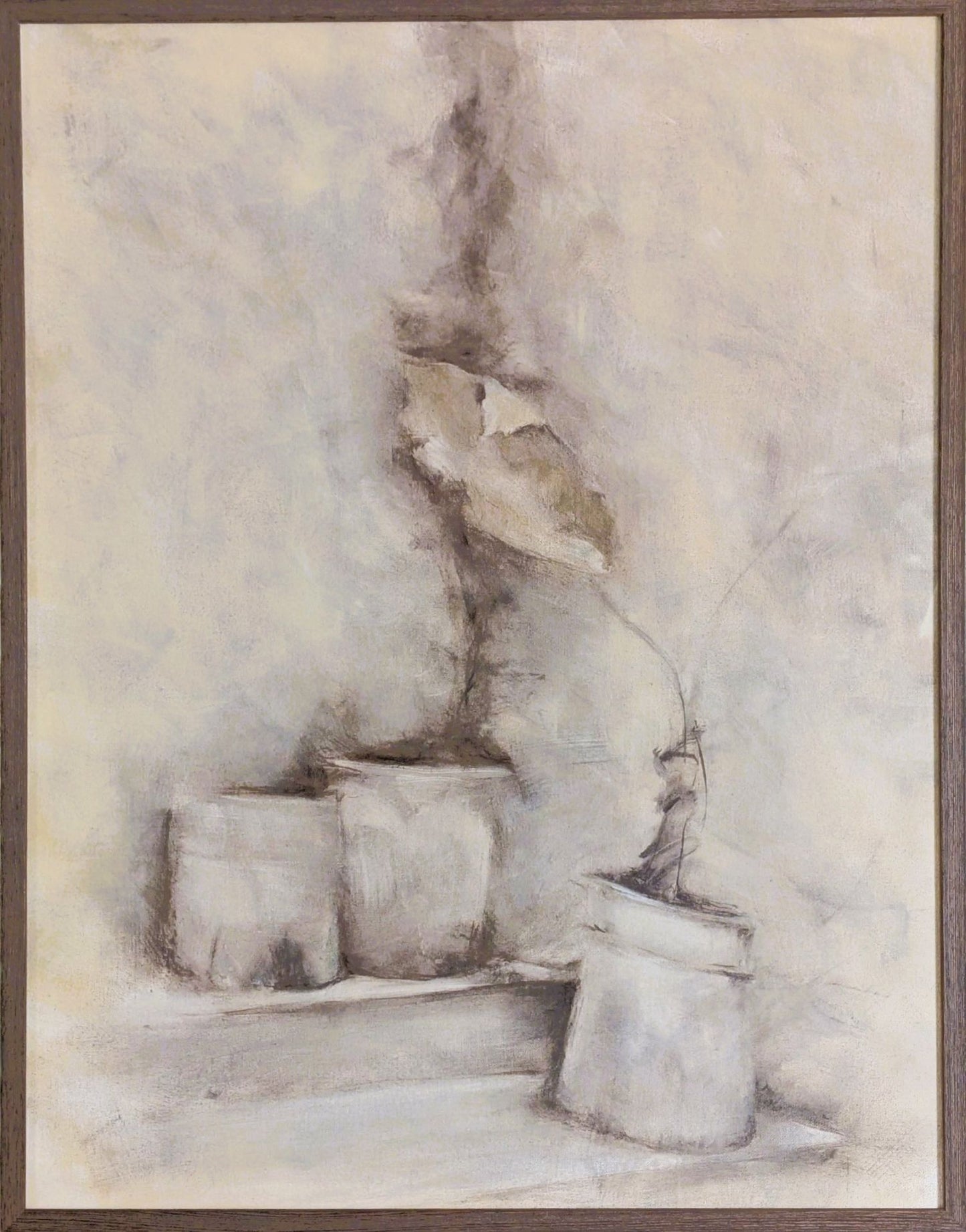 Oil painting of plant pots on a step in a corner, with one leaf rising from the plant pot in the foreground using a palette of soft green/raw umber on cream. This image also shows the natural floating frame.