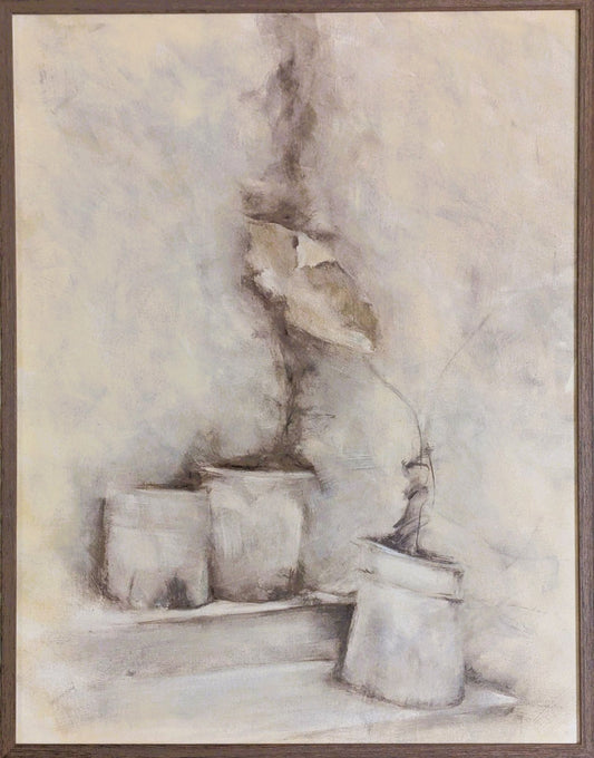 Oil painting of plant pots on a step in a corner, with one leaf rising from the plant pot in the foreground  using a palette of soft green/raw umber on cream. This image also shows the natural floating frame.