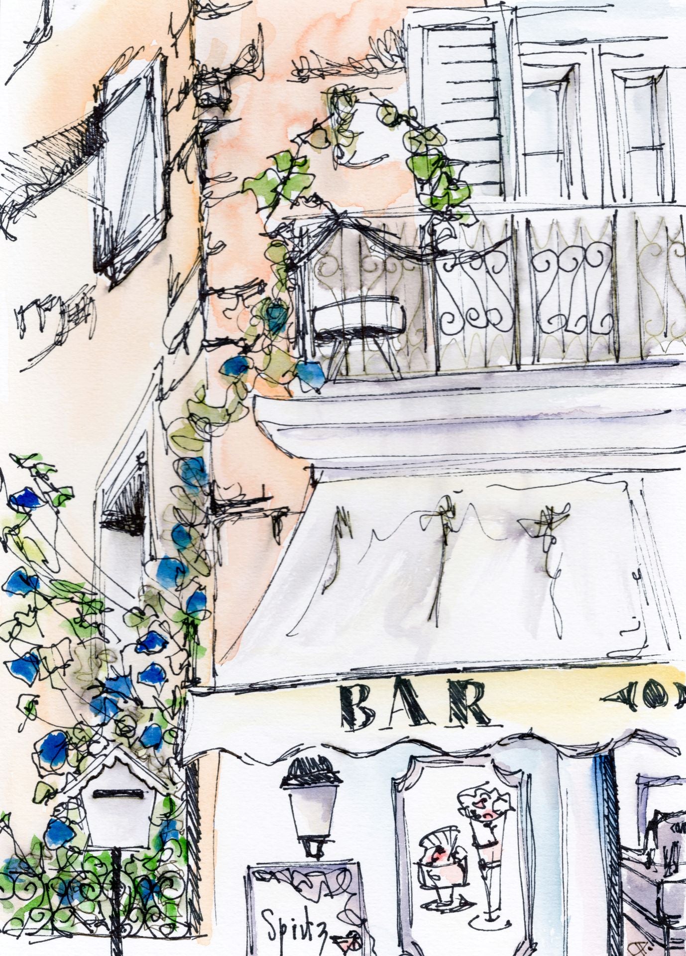 Cafe scene of a bar in Propriano, Corsica. Orange building with blue flowers on climbing plant with balcony above the Bar awning. A sign displaying 'Spritz' and ice creams on a framed board.