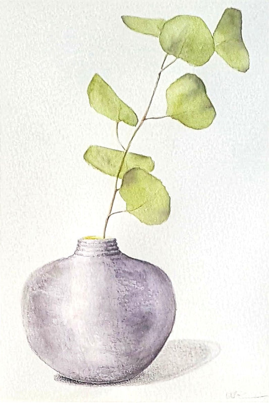 A single green stem in a bulb shaped concrete vase with a hint of gold showing inside the vase. The shadow of the vase is shown in graphite.