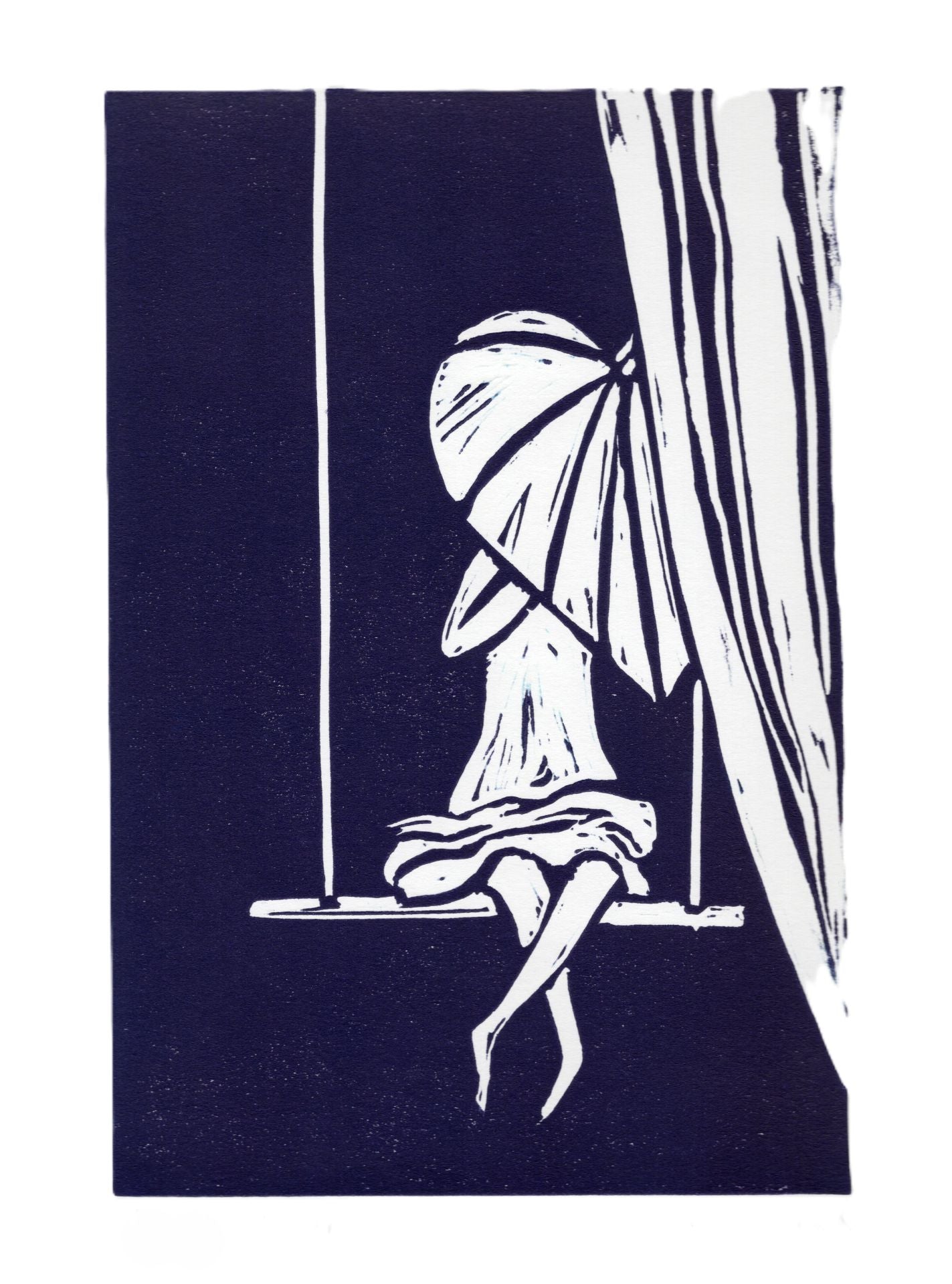 White silhouette of a woman on a swing with an umbrella on a navy background