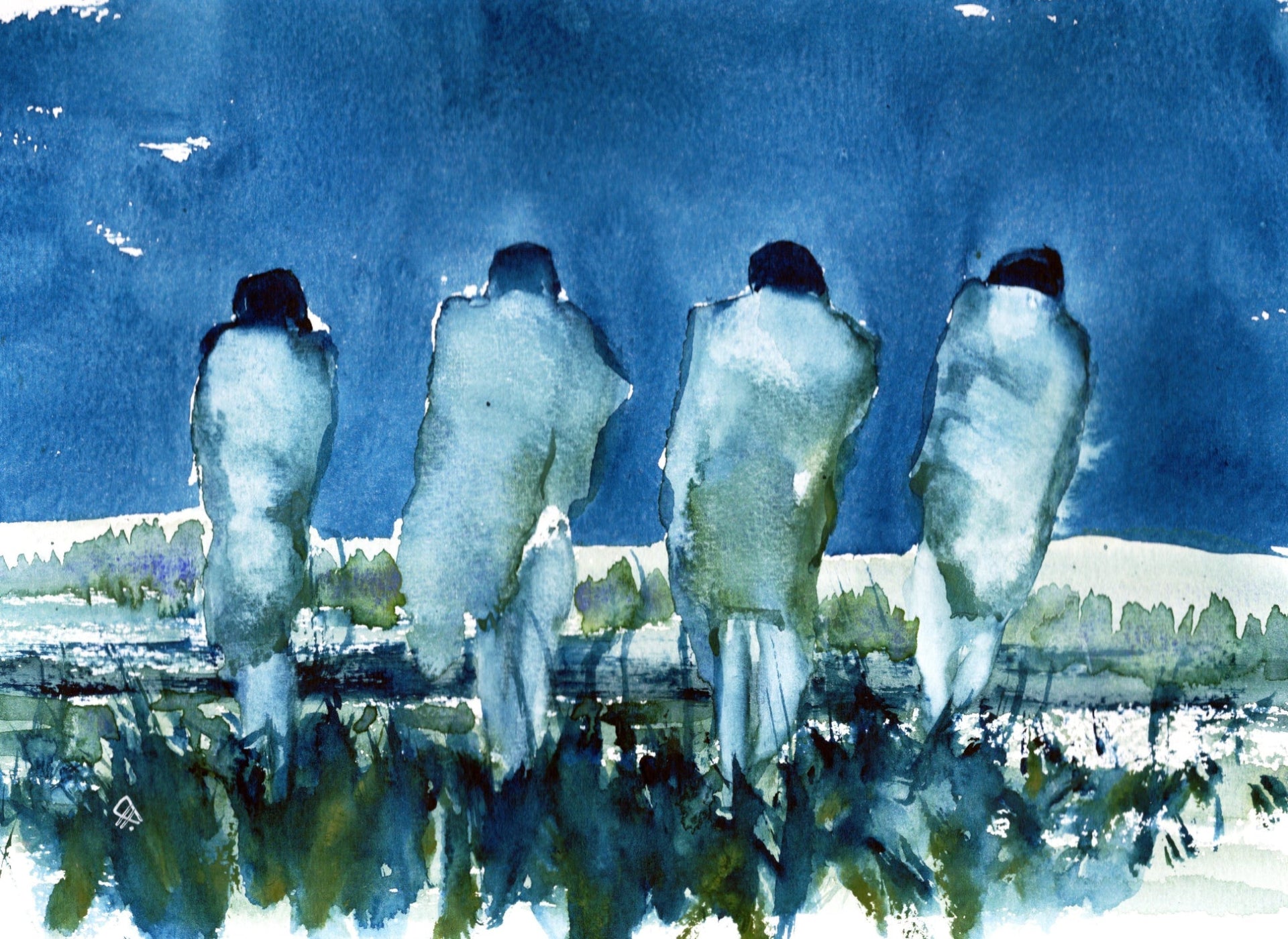 Artistic depiction of four figures getting changed after a swim in the lake with a blue sky and green landscape.
