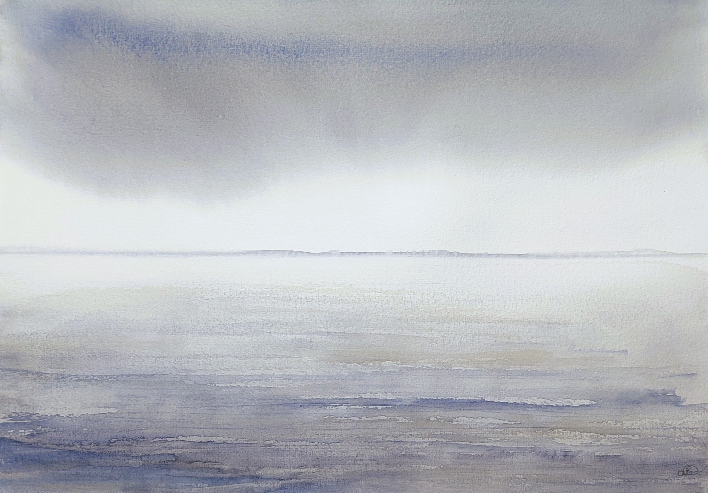 Image of a moody seascape depicting the constantly changing weather and the brilliance of the distant light. Featuring a palette of blue, grey and neutral tones. 