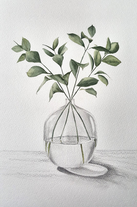 Four green foliage stems in a bubble shaped glass vase on a flat surface. The vase and shadow is shown in graphite.