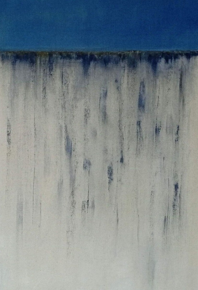 Abstract art depicting a cliff edge with blue sky and cream cliff face with a textured surface