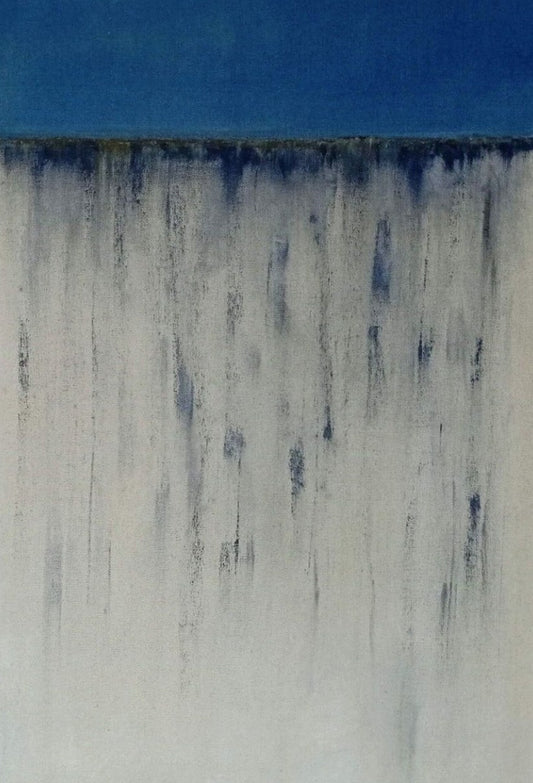 Abstract art depicting a cliff edge with blue sky and cream cliff face with a textured surface
