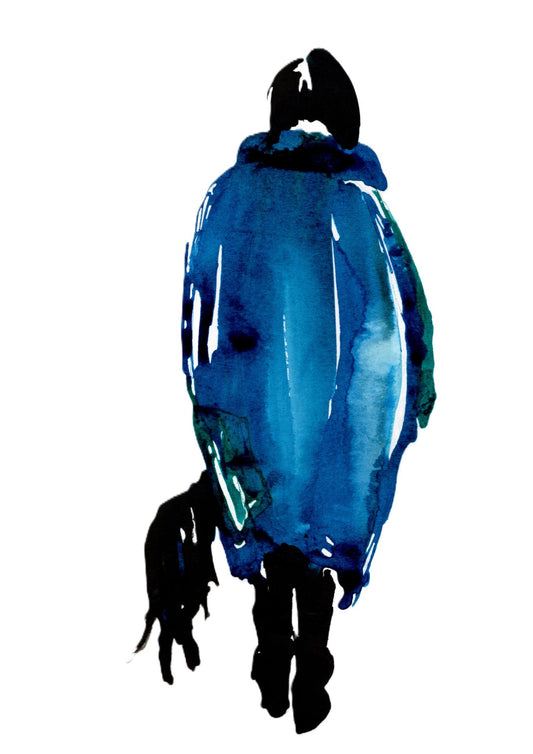 Ink drawing of woman and dog. The woman is wearing an oversized long oat in blue and green.