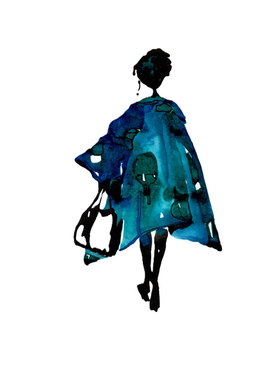 Ink drawing of woman in a fashion styled blue and green 'Shopping' coat with shopping bag.