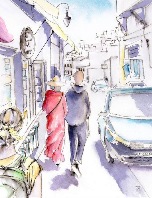 Colorful illustration of a street scene with people and buildings.