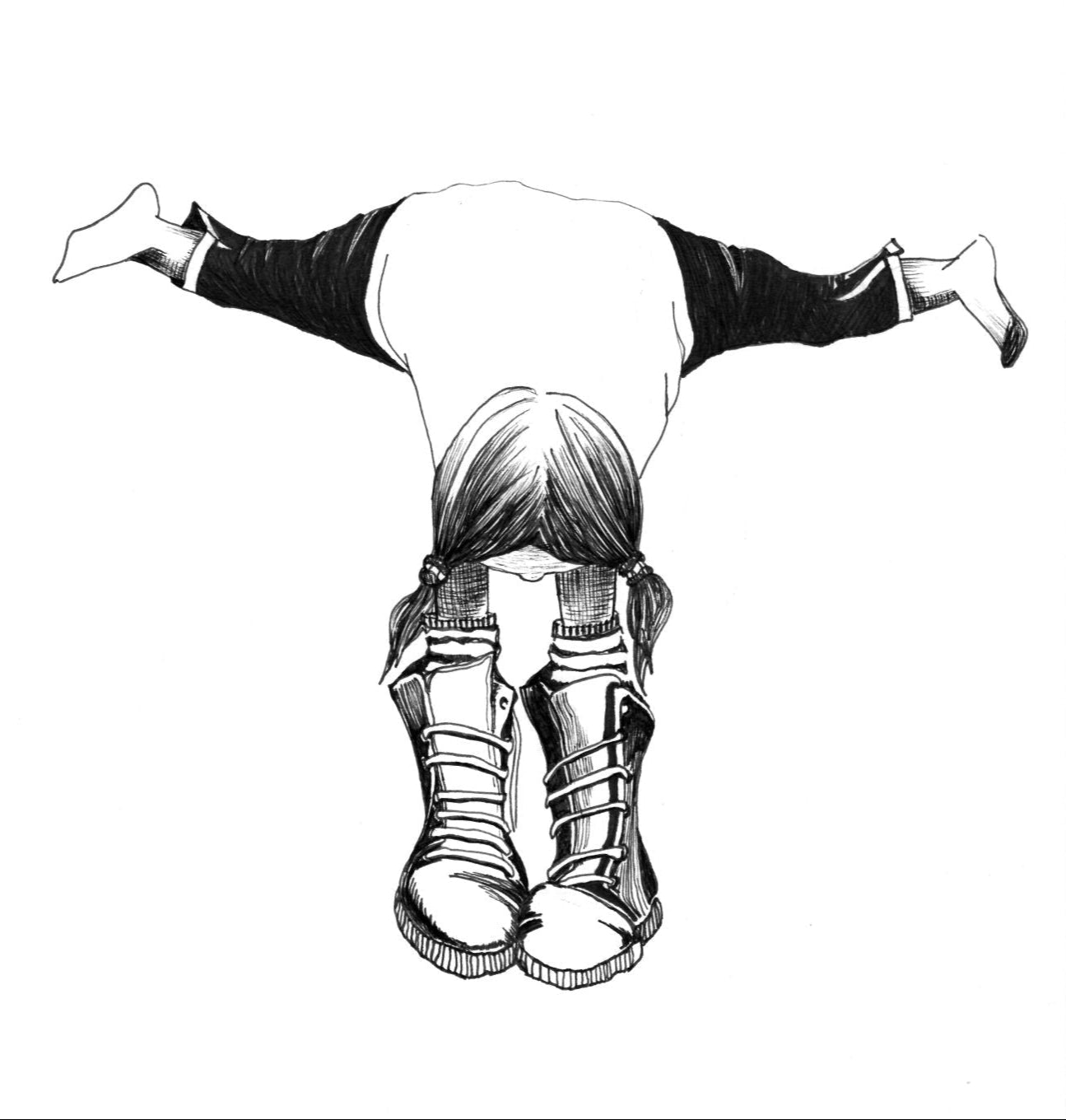 Black and white illustration of a girl upside down doing handstand splits with arms in boots and legs in the air on a white background.