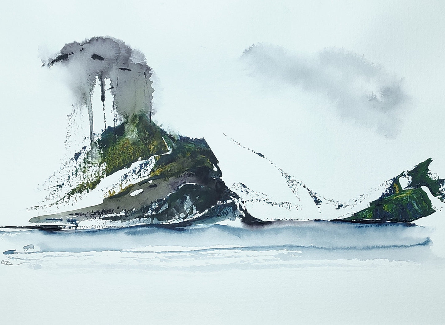 An image of a fjord landscape in a palette of blues, greens and neutral greys.