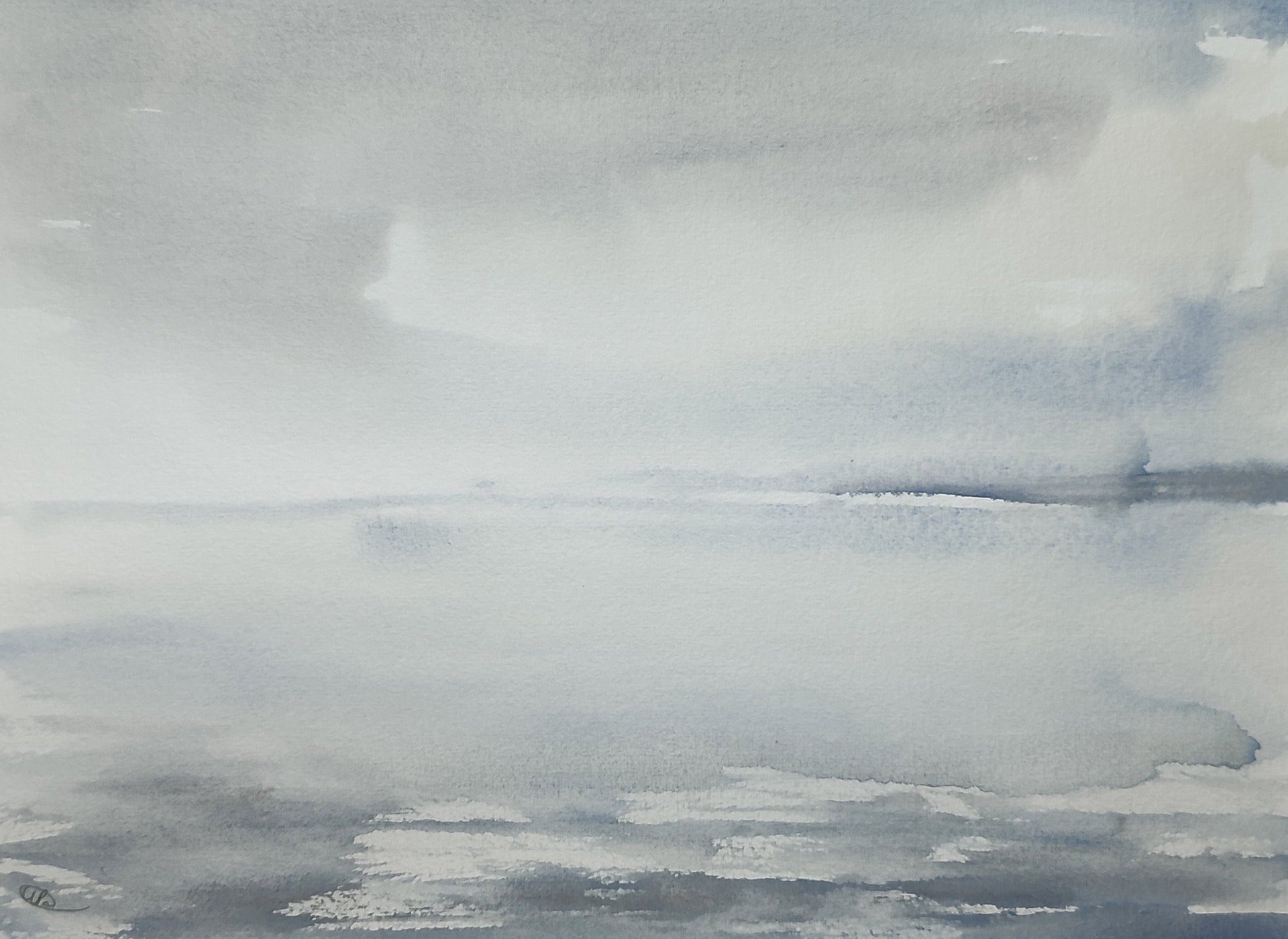 Image of sky and sea after a storm with light shining down on the water, in a palette of greys with a soft blue