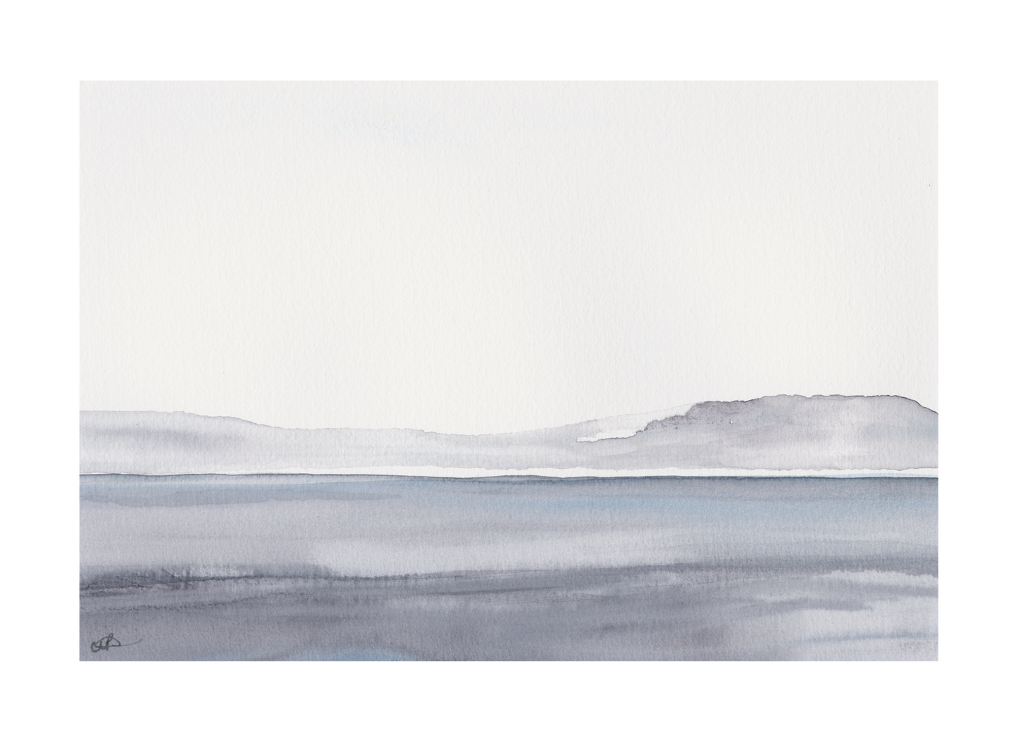 Image of a calm lake with simple foreground detail and distant fell, in a palette of greys with a soft blue