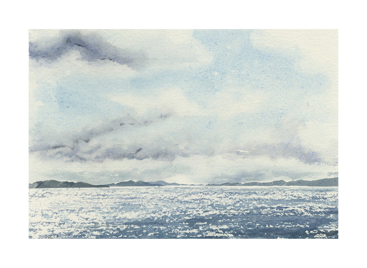 Image of a Croatian seascape with a spring sky depicting the sparkling of the sun on the water with islands in the distance. Featuring a palette of blue, grey and neutral tones.