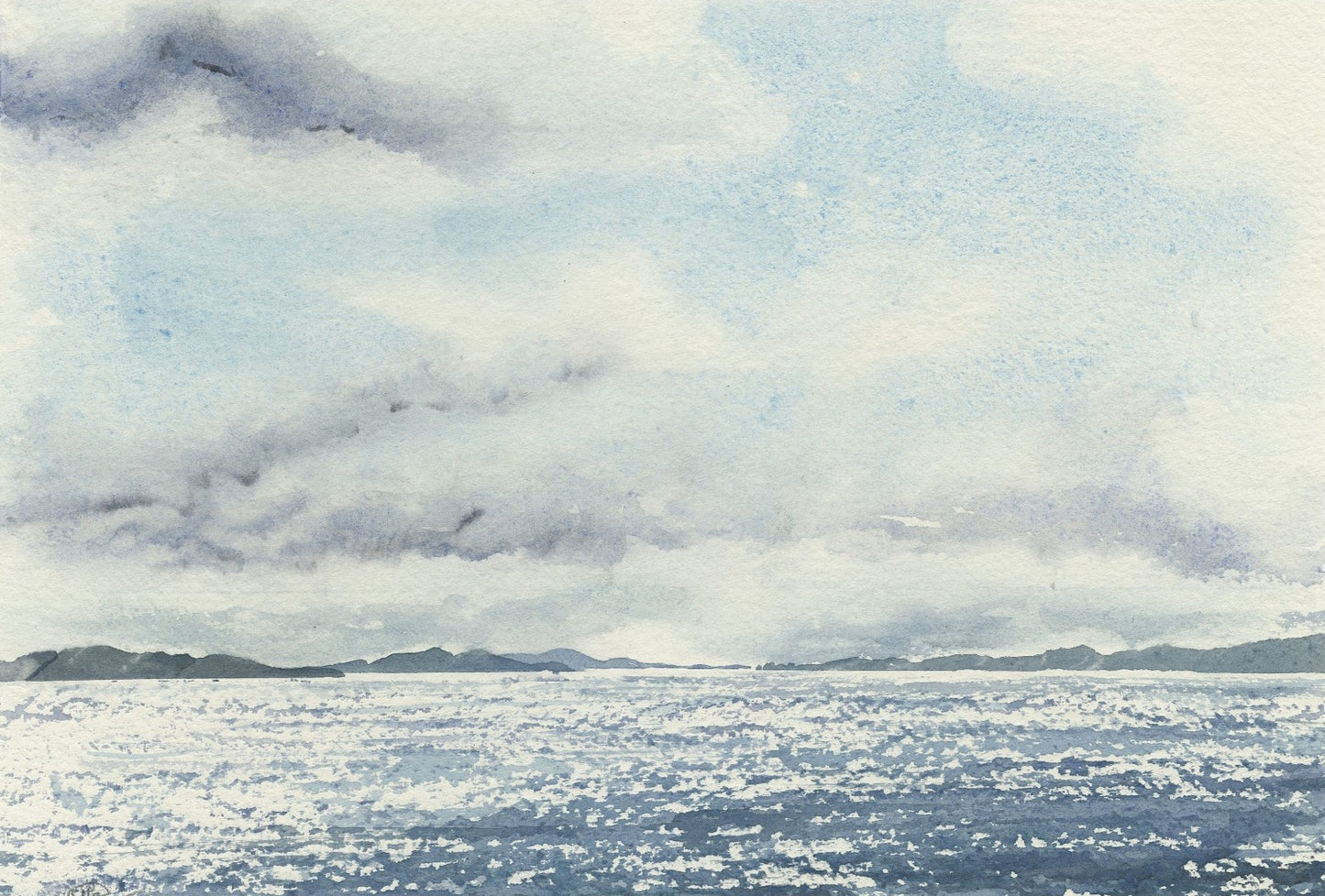 Image of a Croatian seascape with a spring sky depicting the sparkling of the sun on the water with islands in the distance. Featuring a palette of blue, grey and neutral tones.