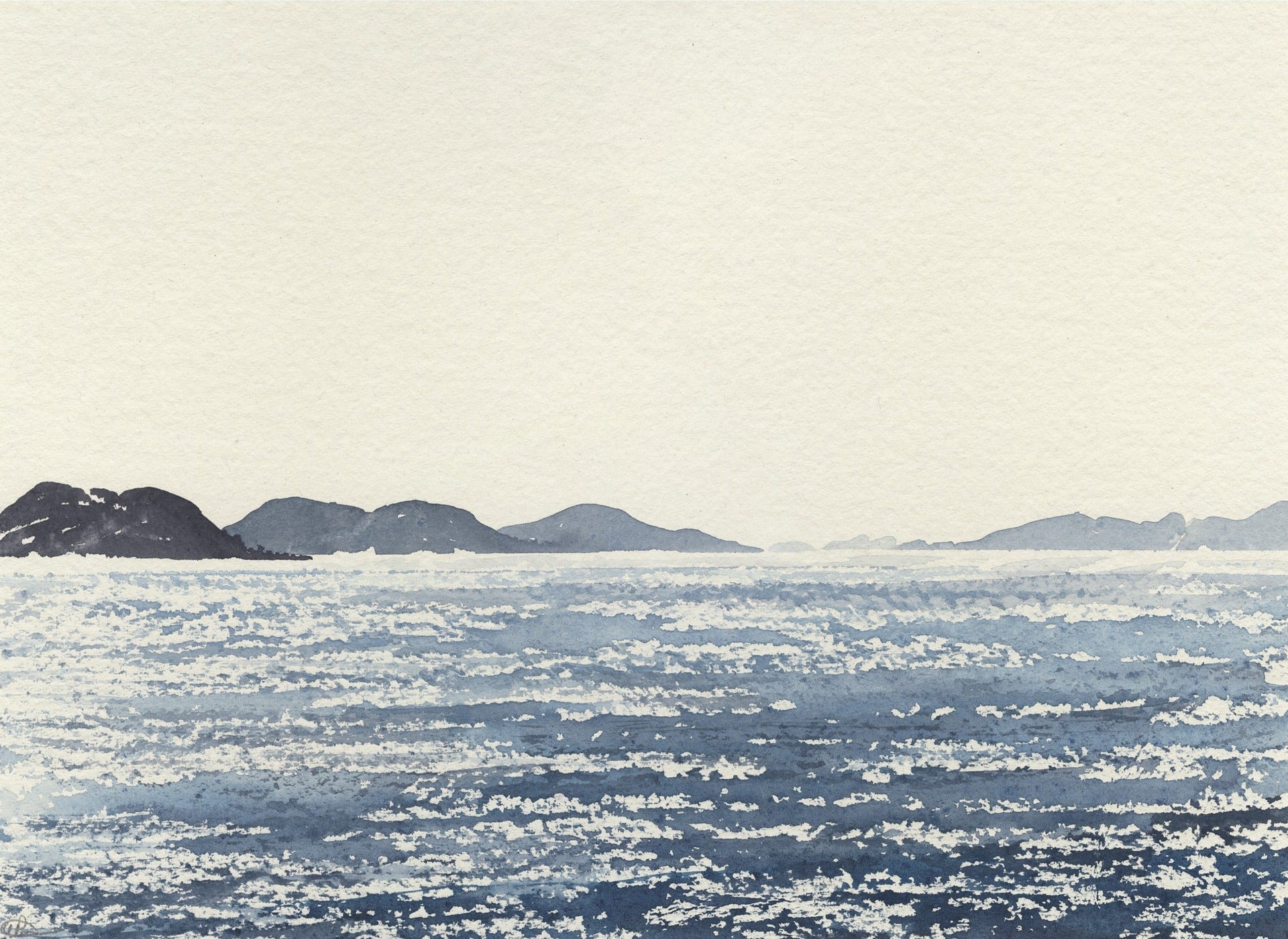 Image of a Croatian seascape depicting the sparkling of the sun on the water with islands in the distance. Featuring a palette of blue, grey and neutral tones.