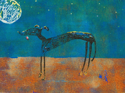 Abstract monotype artwork of a long-legged hound dog against a blue and orange background with the moon