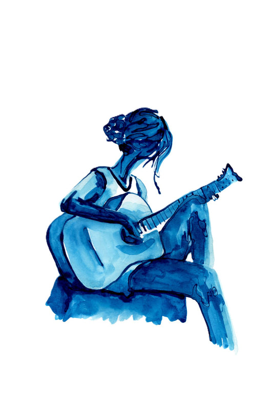 Blue ink illustration of a person playing a guitar on a white background