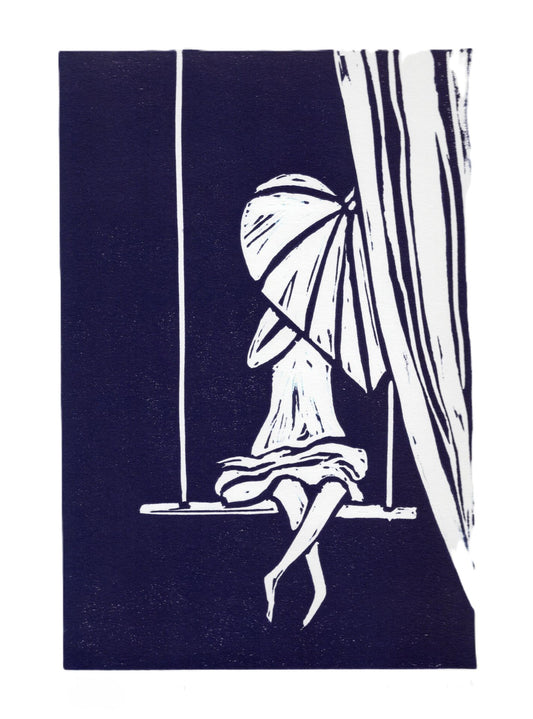 White silhouette of a woman on a swing with an umbrella on a navy background