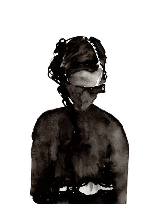 Black ink drawing image of a woman wearing sunglasses on a white background