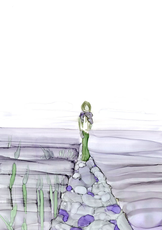 Artistic depiction of a landscape with a small figure, rocks, and plants on a white background