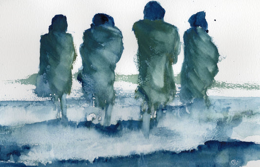 Watercolor painting of blue and green towel wrapped people splashing in the sea with a white background